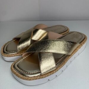 Stuart Weitzman Roza Lift Lug Slide Metallic Gold Chunky Sandals Size 8.5B
